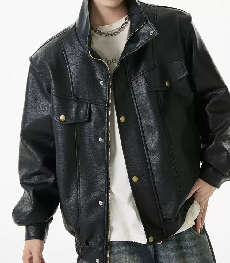 Alloy Stand‑Collar Leather Jacket