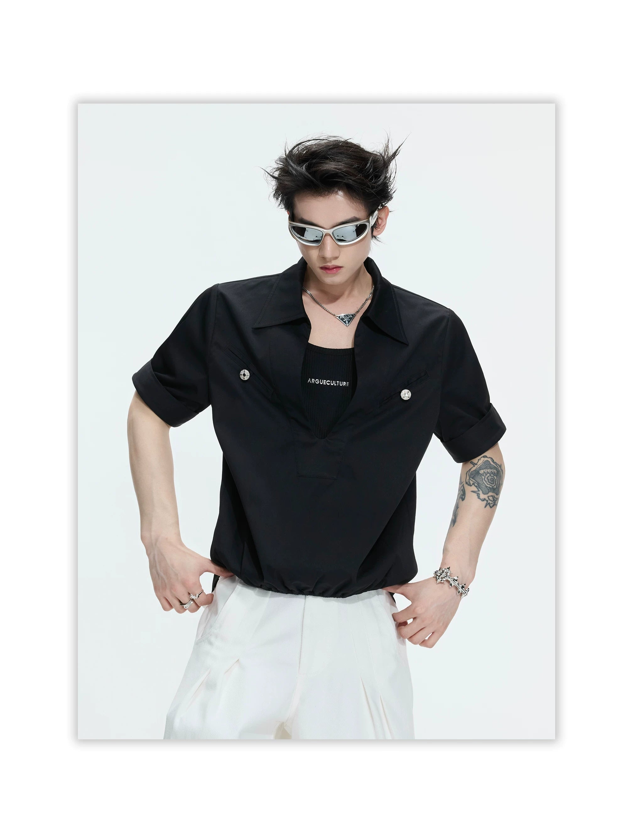 Deep V Neck Utility Pocket Shirt