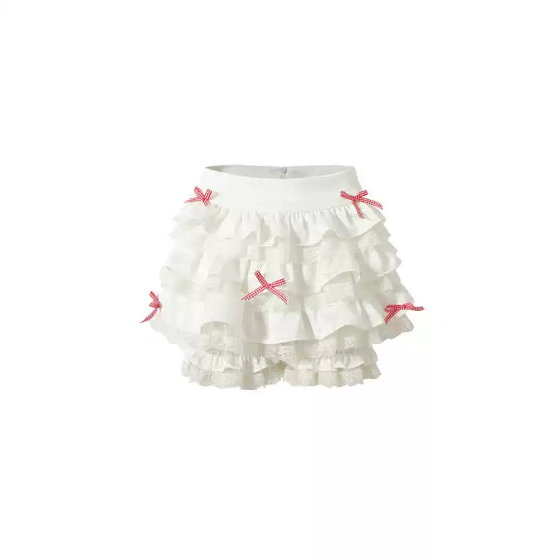 Gingham Cherry Lace Ruffle Blouse and Pompom Skirt
