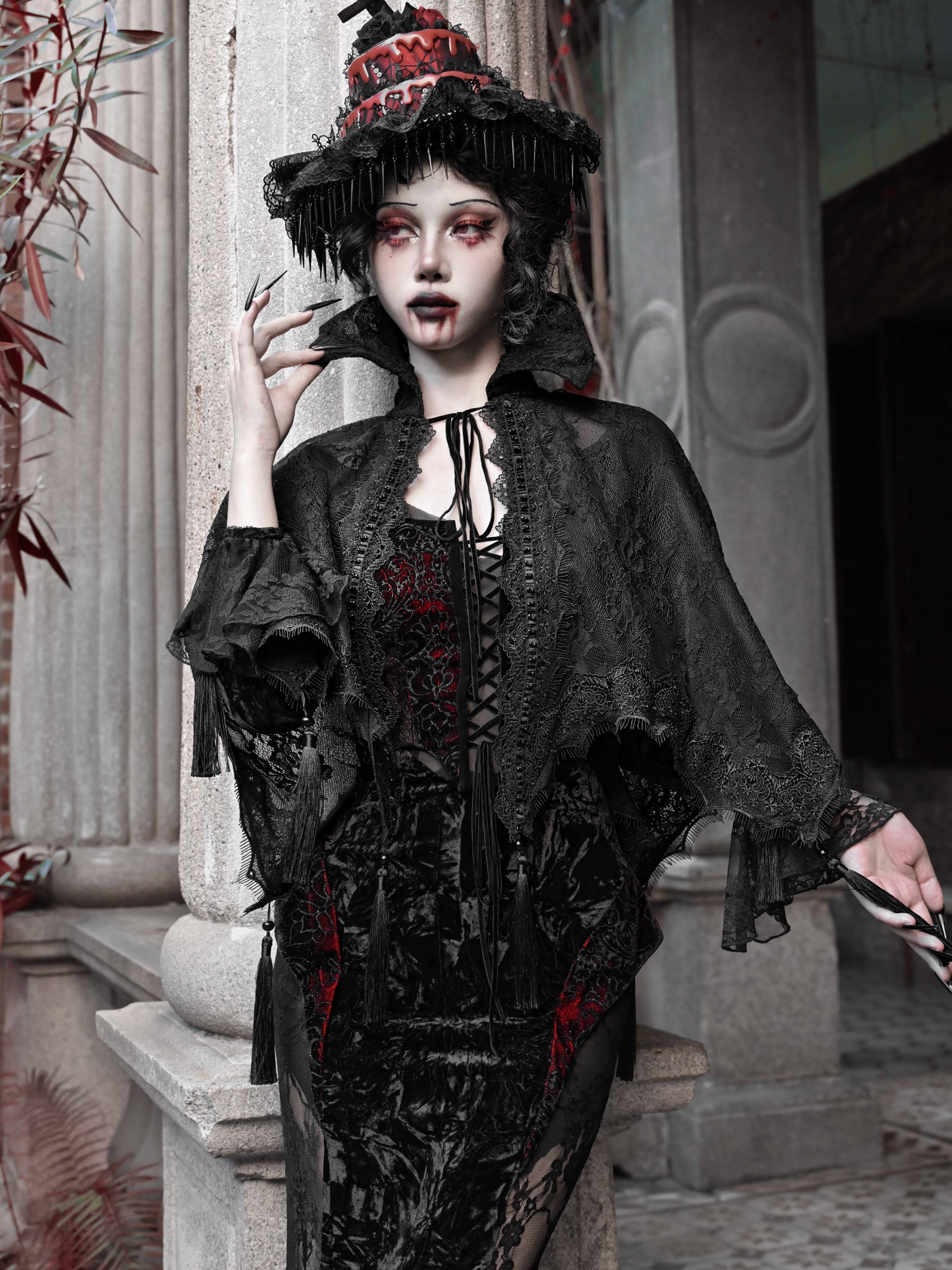 Gothic Lace High Collar Cape with Tassels