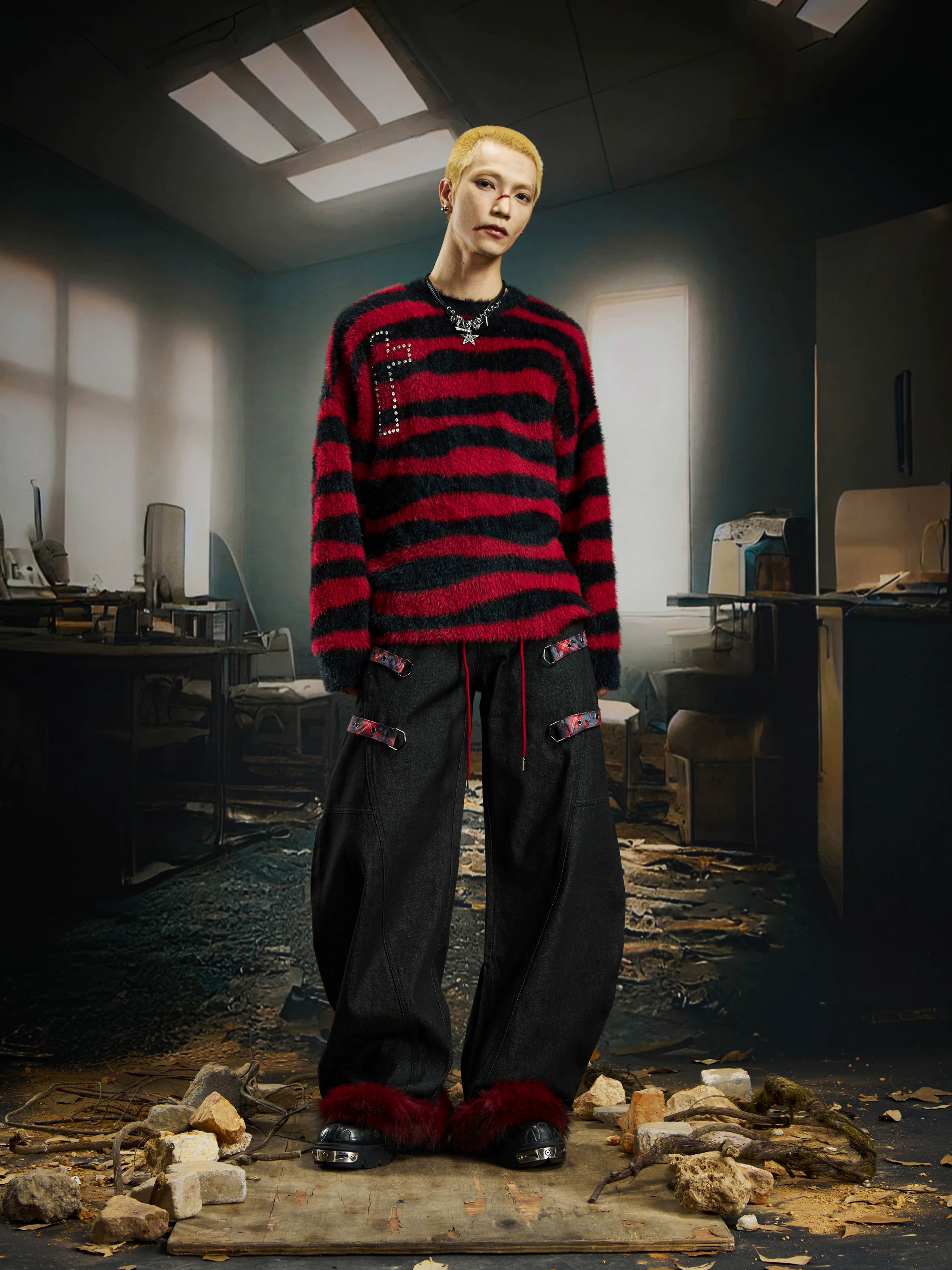 Crimson Plaid Fetters Fur Hem Pants