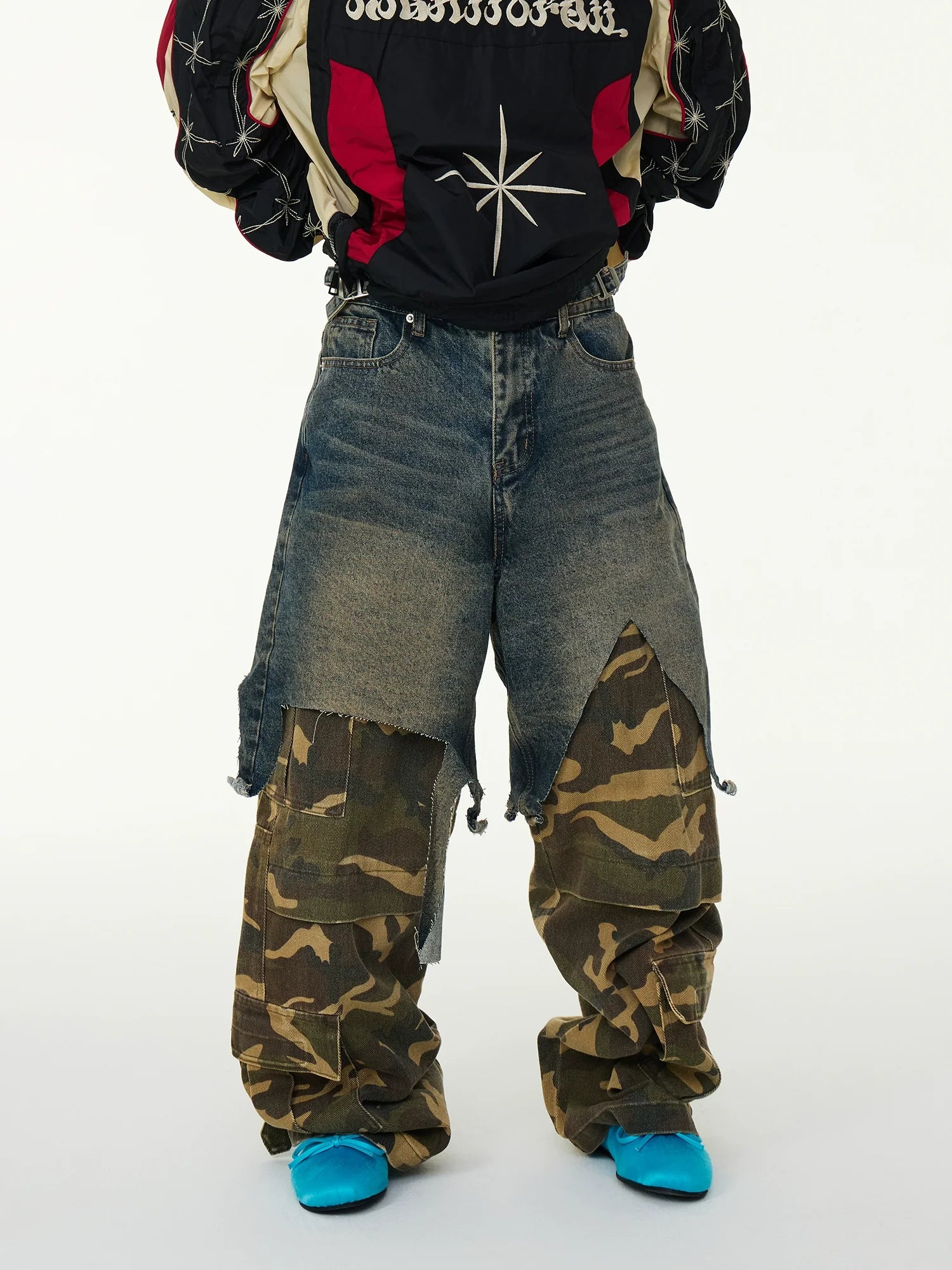 Layered Denim & Camo Patchwork Pants