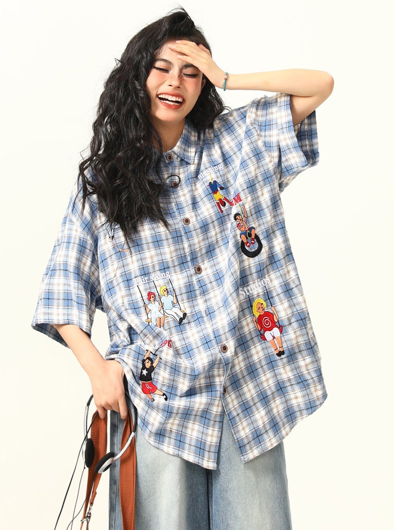 Camisa de botones a cuadros de dibujos a cuadros juguetones