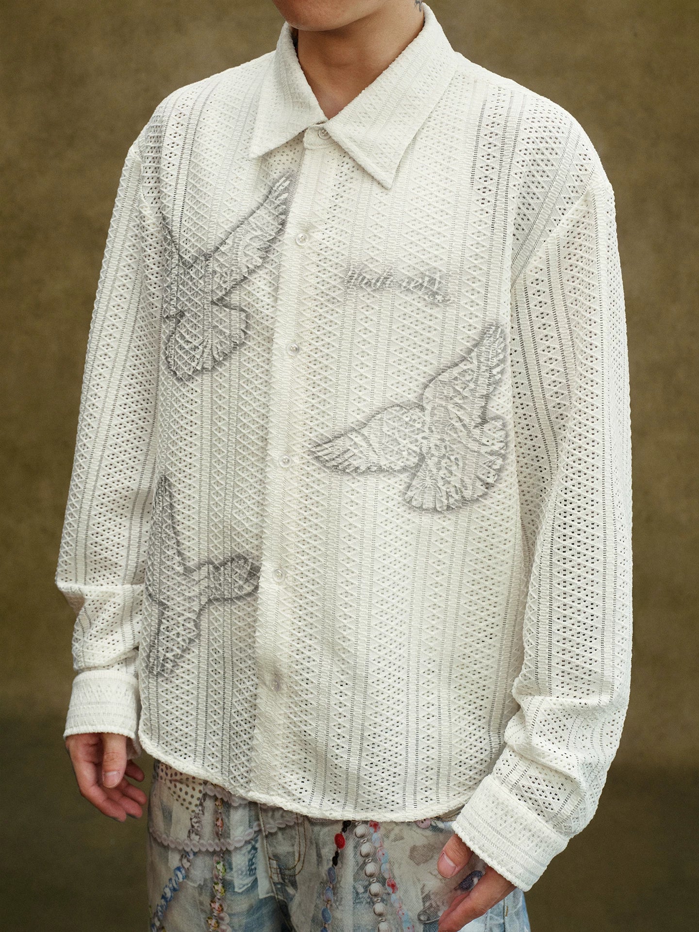 Ivory Embroidered Bird Lace Long Sleeve Shirt