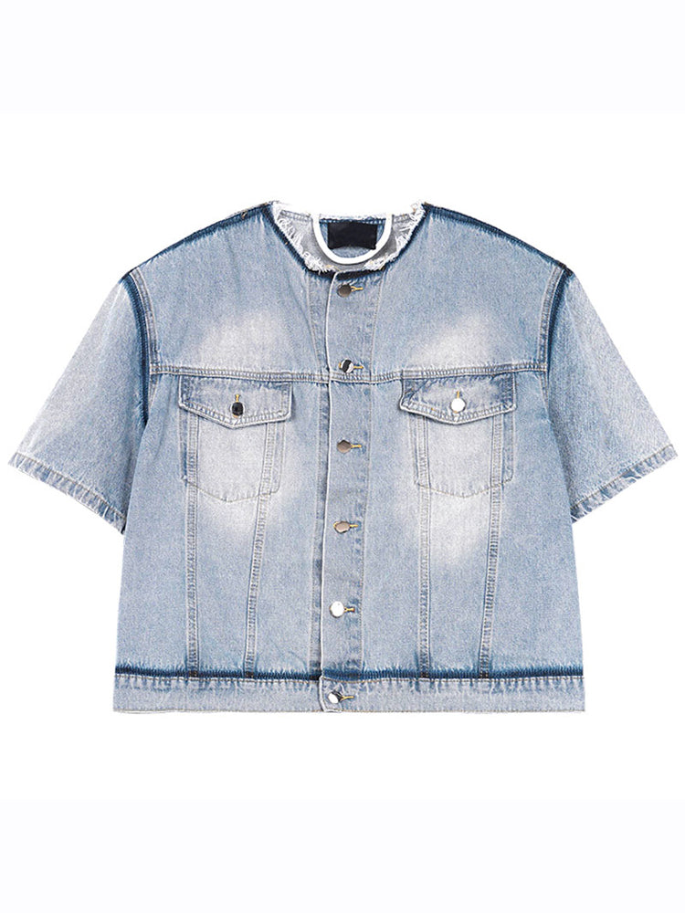 Light Wash Denim Short Sleeve Jacket and Wide Leg Pants Setup