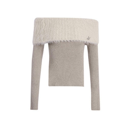 Thick Off-Shoulder Mink Cashmere Knit Sweater - chiclara