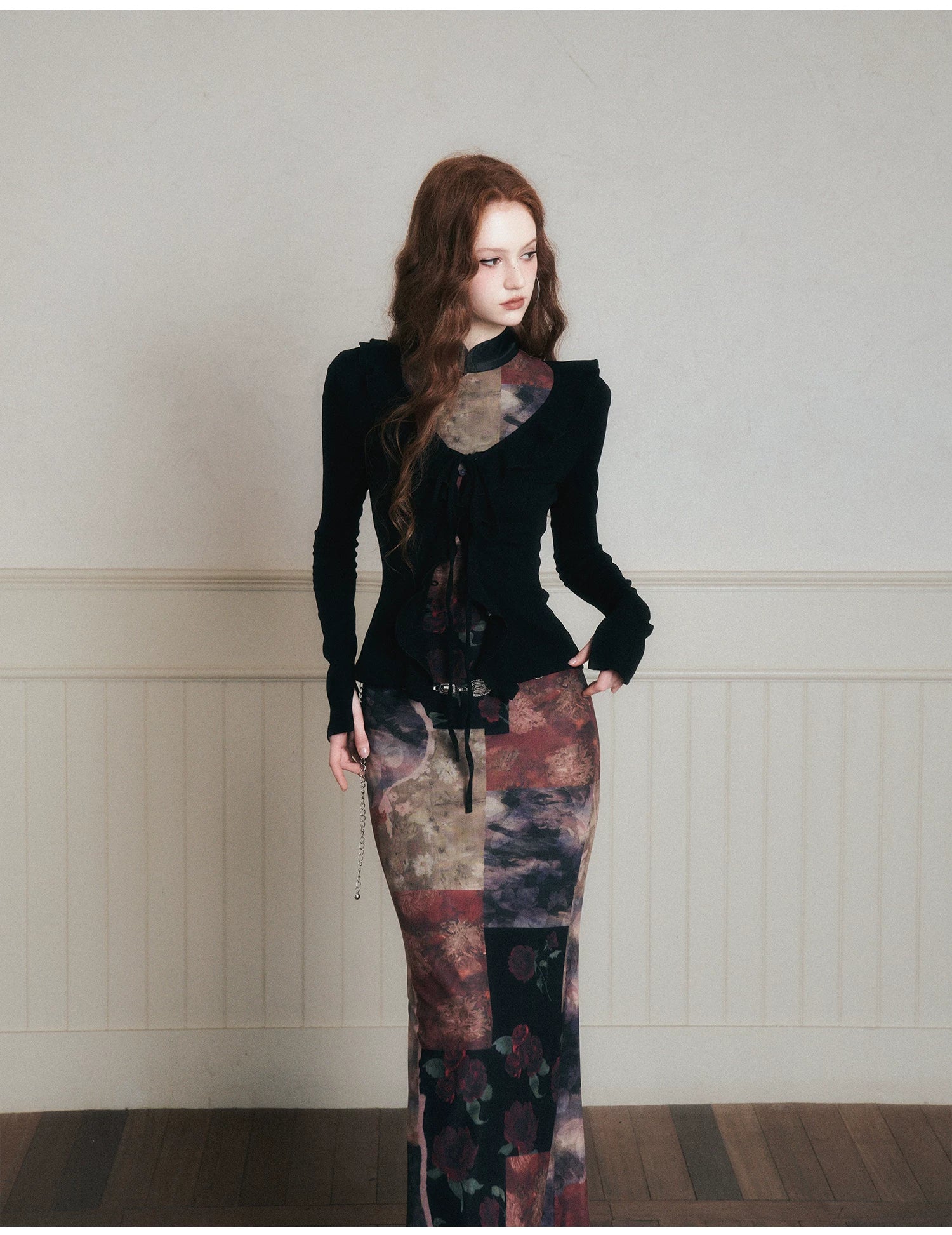 Vintage Noir Patchwork Cheongsam Maxi Dress