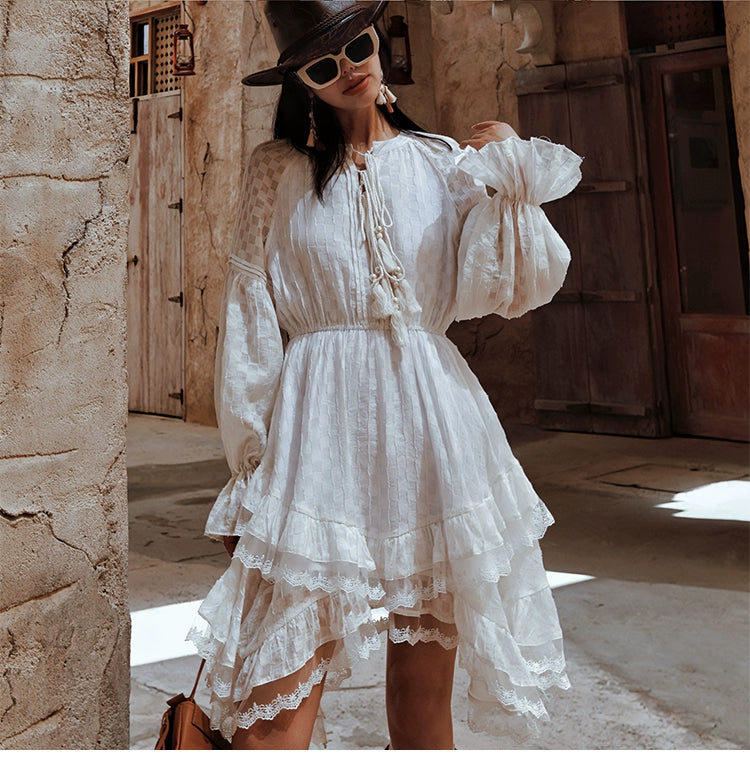 White Ruffle Long Sleeve Dress