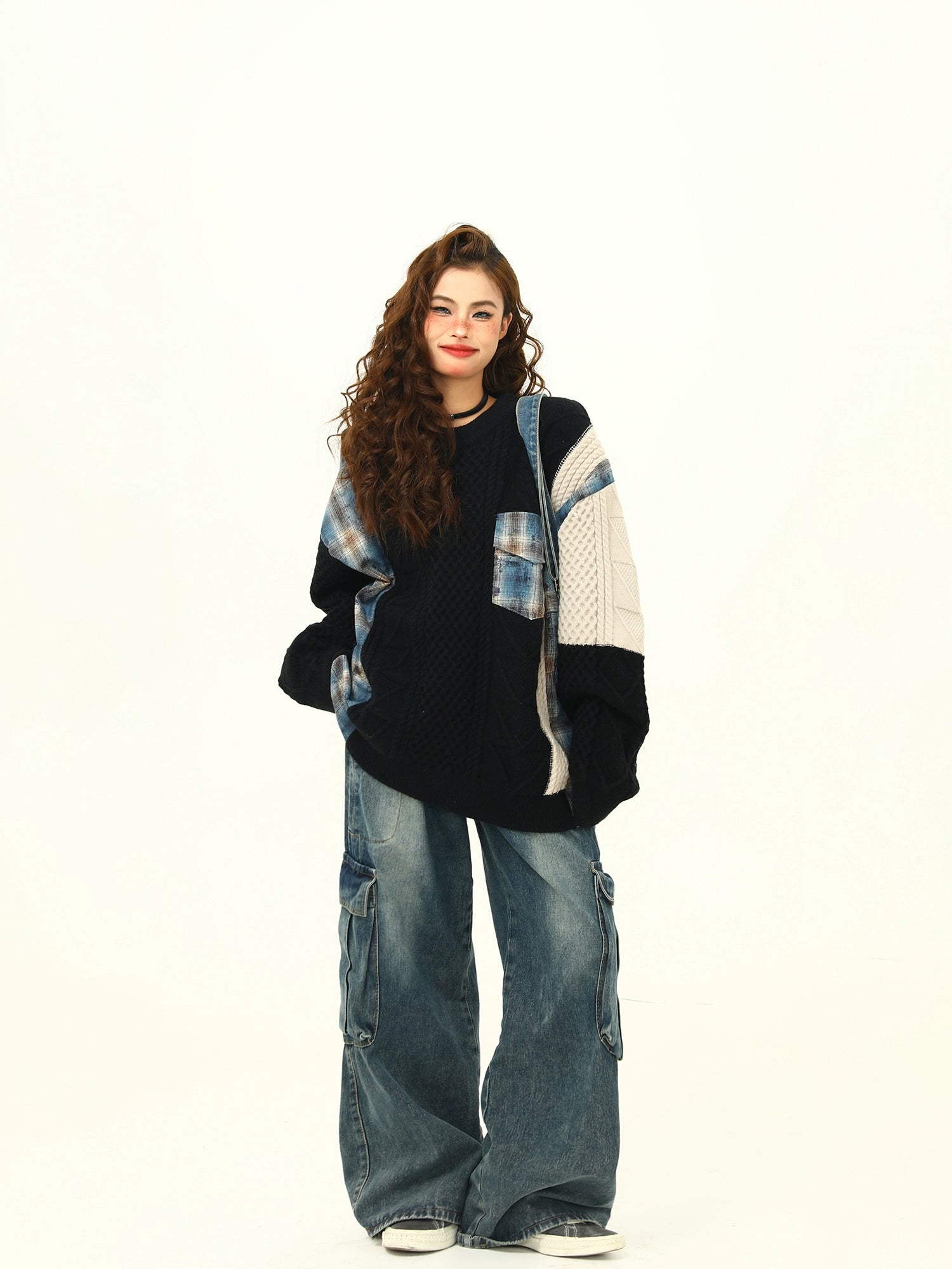 Patchwork Knit and Plaid Sweater