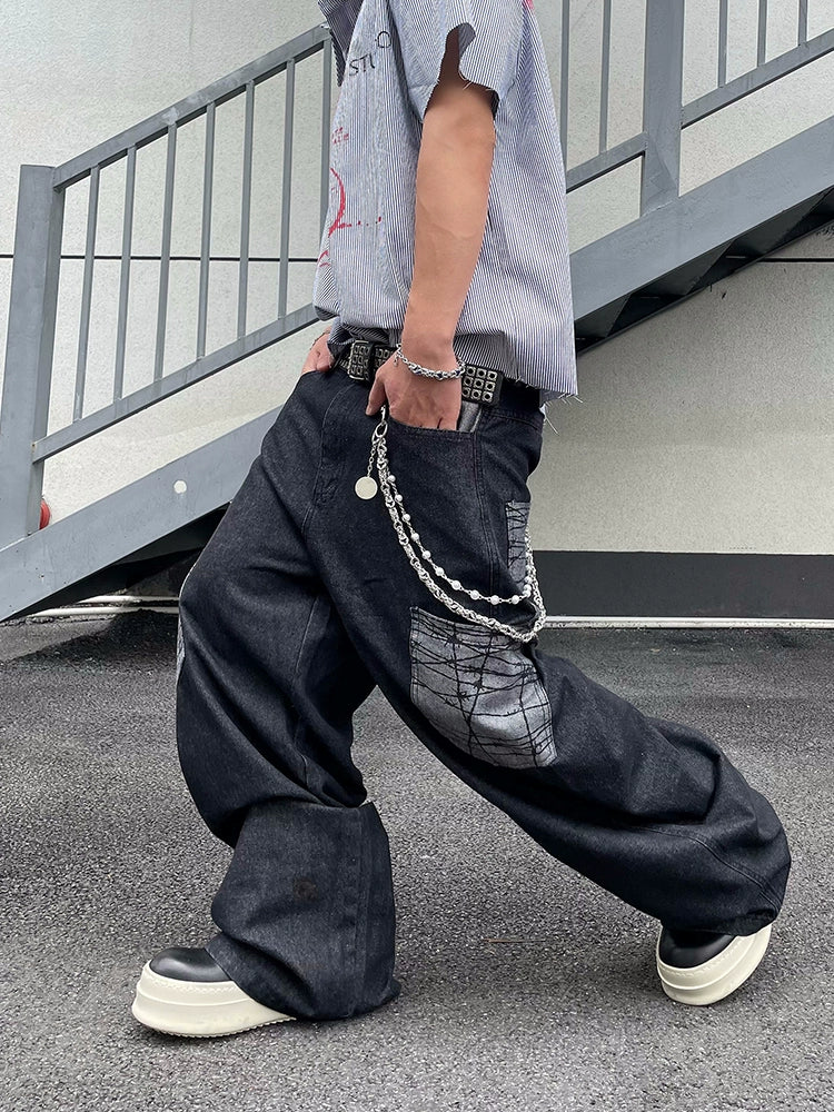 Abstract Patchwork Pocket Wide-Leg Jeans