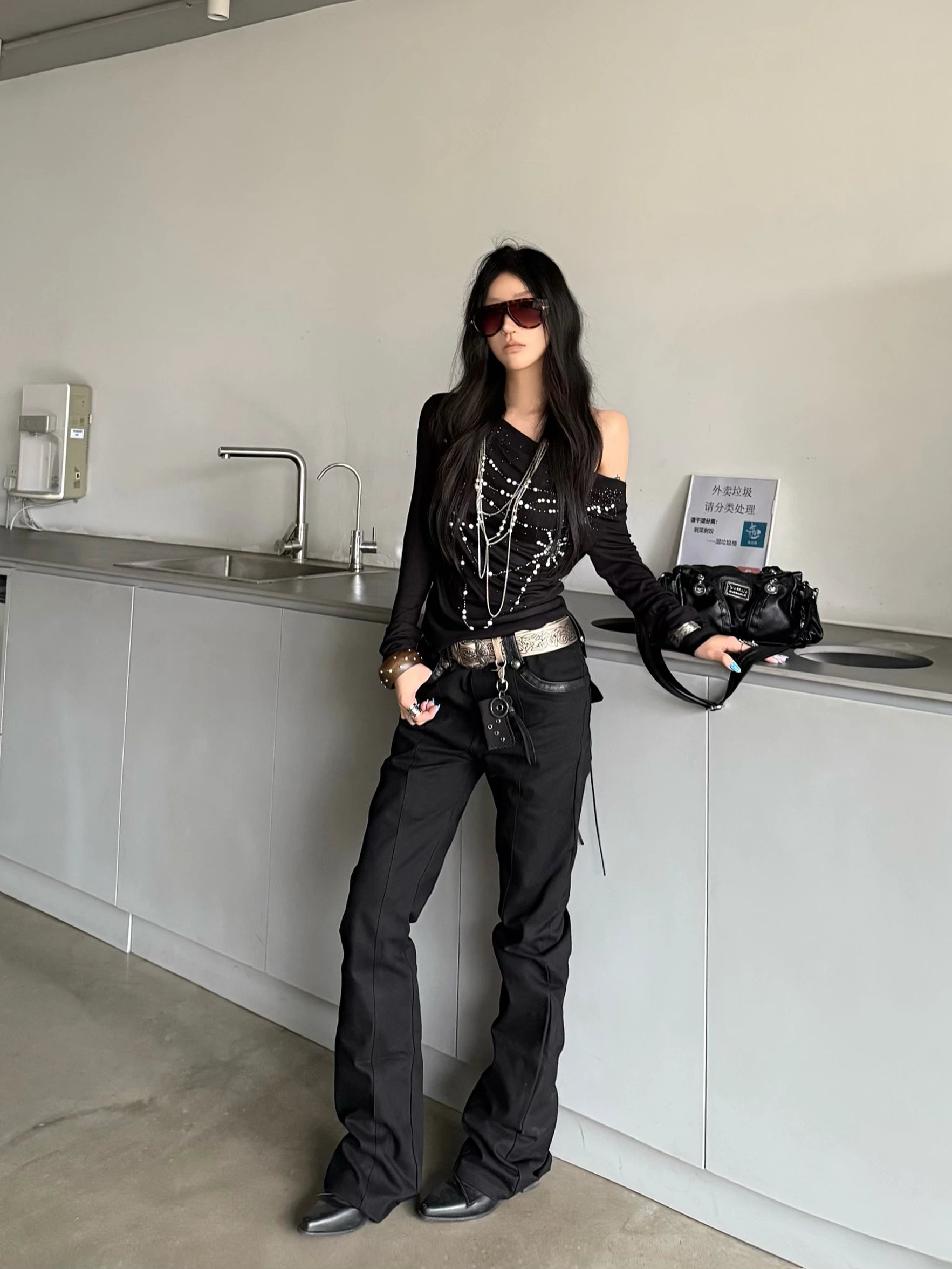 Scimitar Canvas Black Leather-Trim Flare Trousers