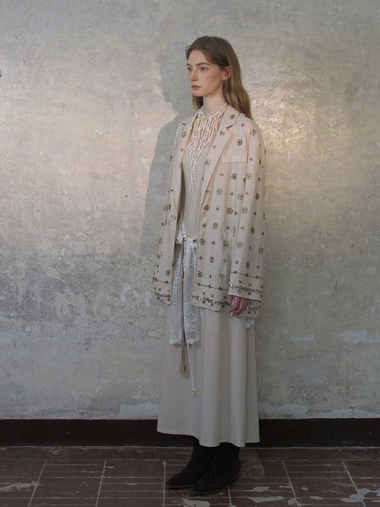 Wide-Leg Embroidered Linen Pants and Suit
