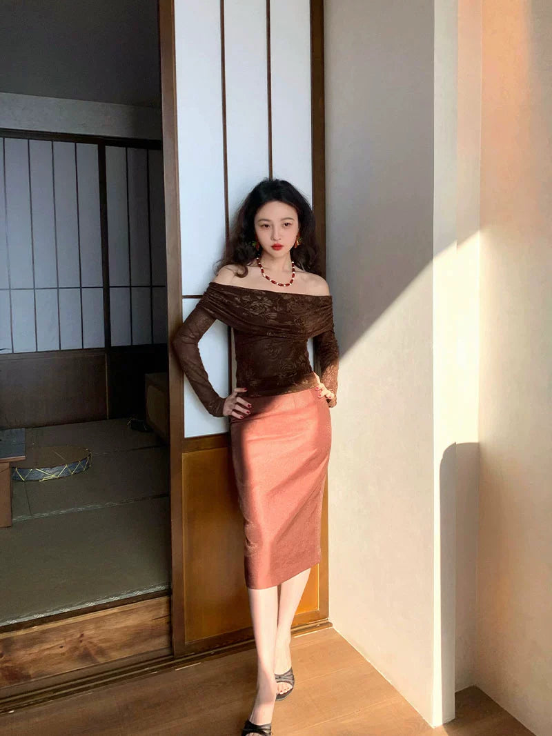 Satin Midi Pencil Skirt by KELIFAN | Chiclara