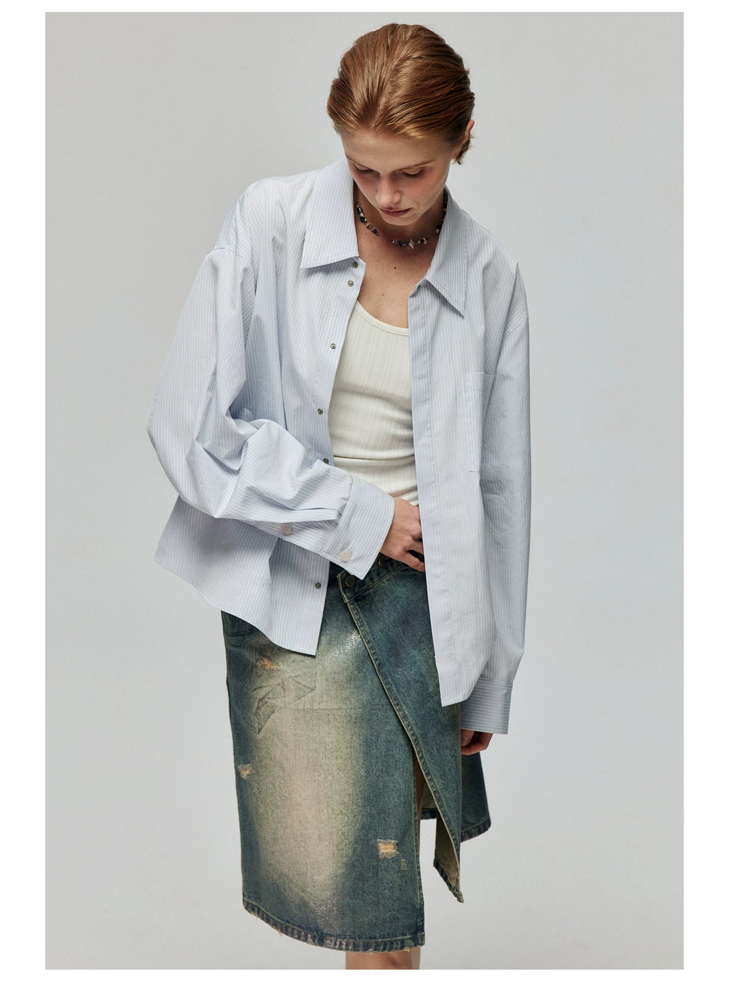 Distressed Denim Wrap Midi Skirt