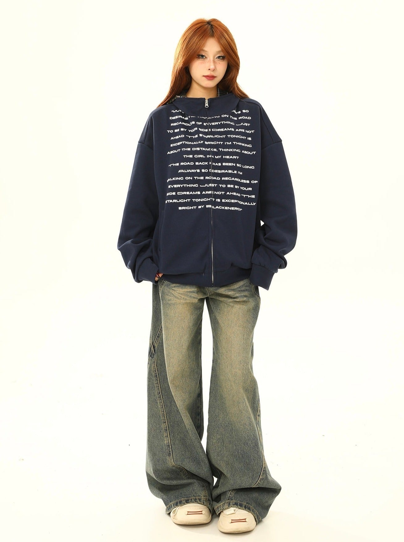Übergroßes Textdruckzip-up Sweatshirt