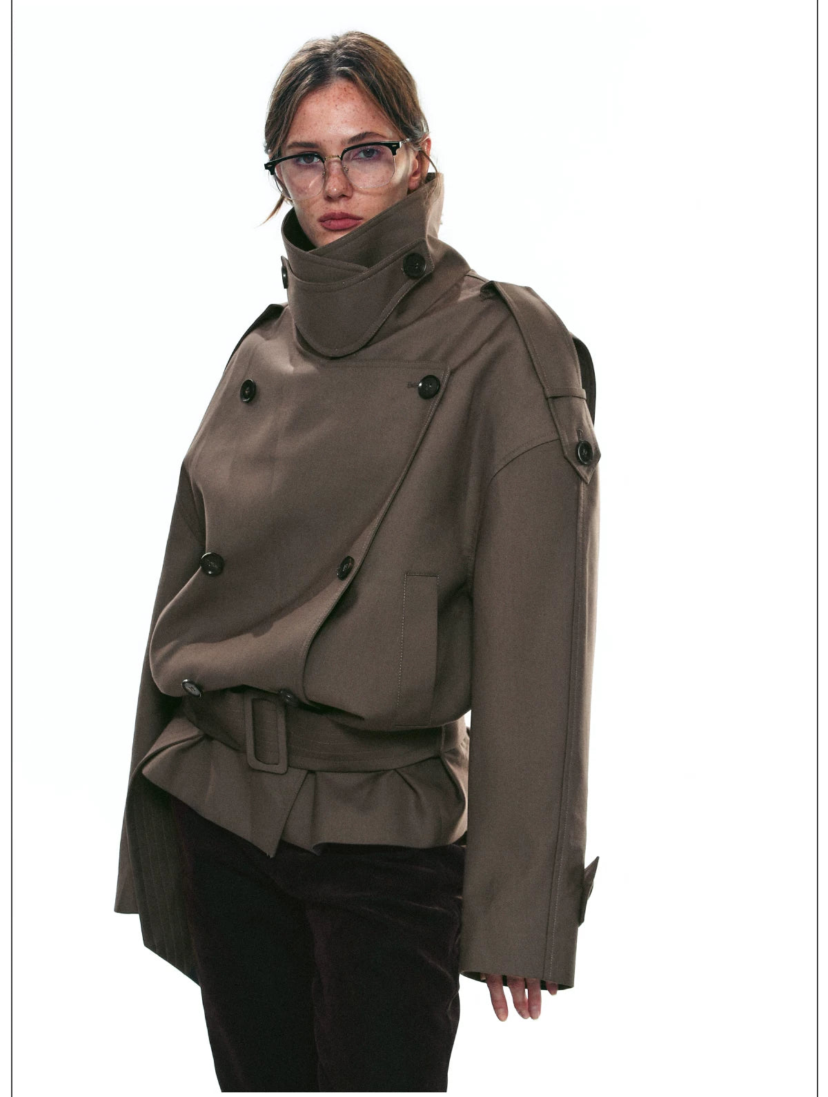 Draped Collar Belted Trench Jacket