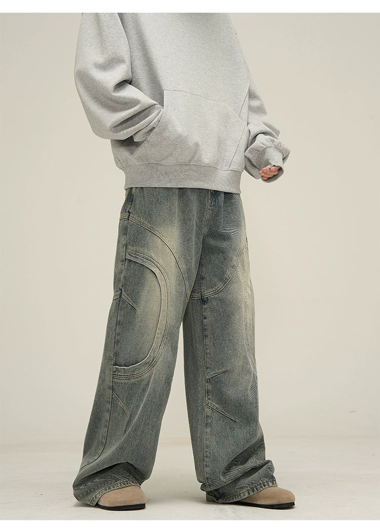 Wide-Leg Vintage Washed Jeans with Curved Stitching