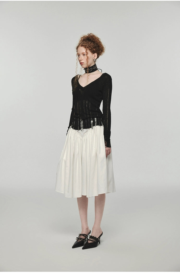 Hollow-Out V-Neck Thin Cardigan With Distressed Waist Knit Top - chiclara