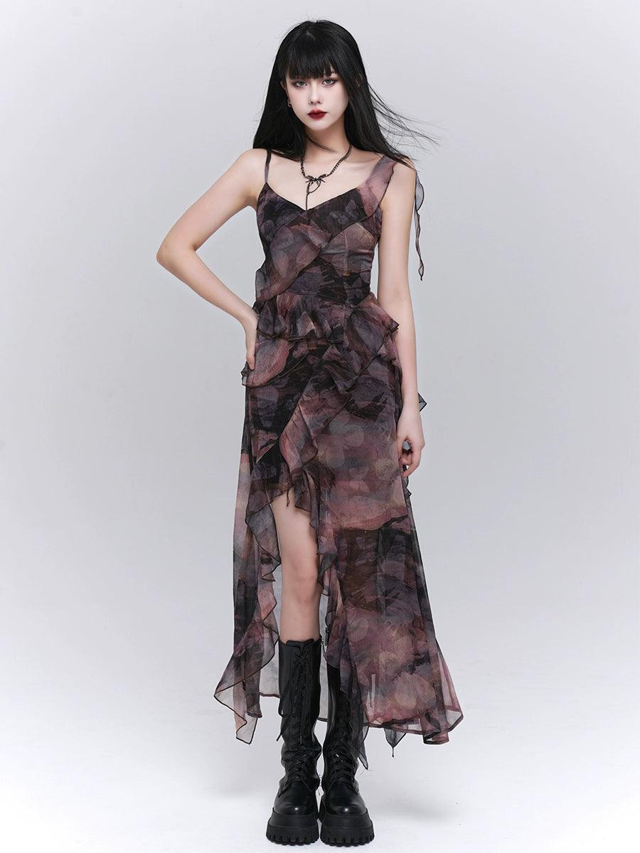 Ladyghost Dark Glamour Asymetrical Maxi Robe - Robe volante à imprimé floral pour femmes avec fente haute