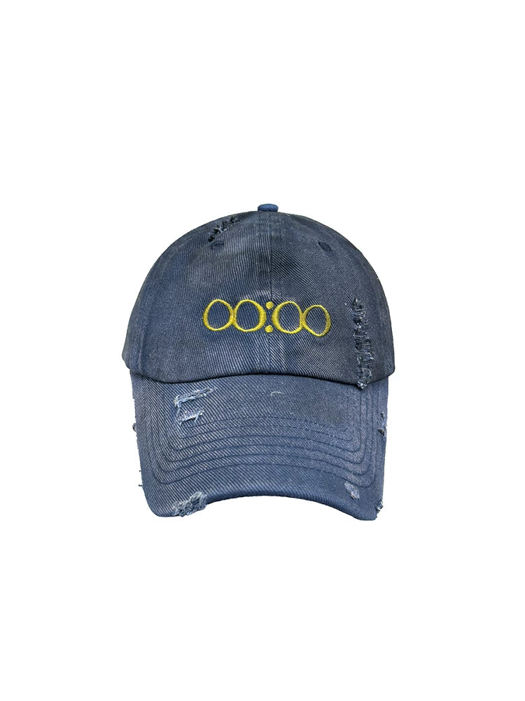 Distressed Denim Cap with Yellow Circle Embroidery
