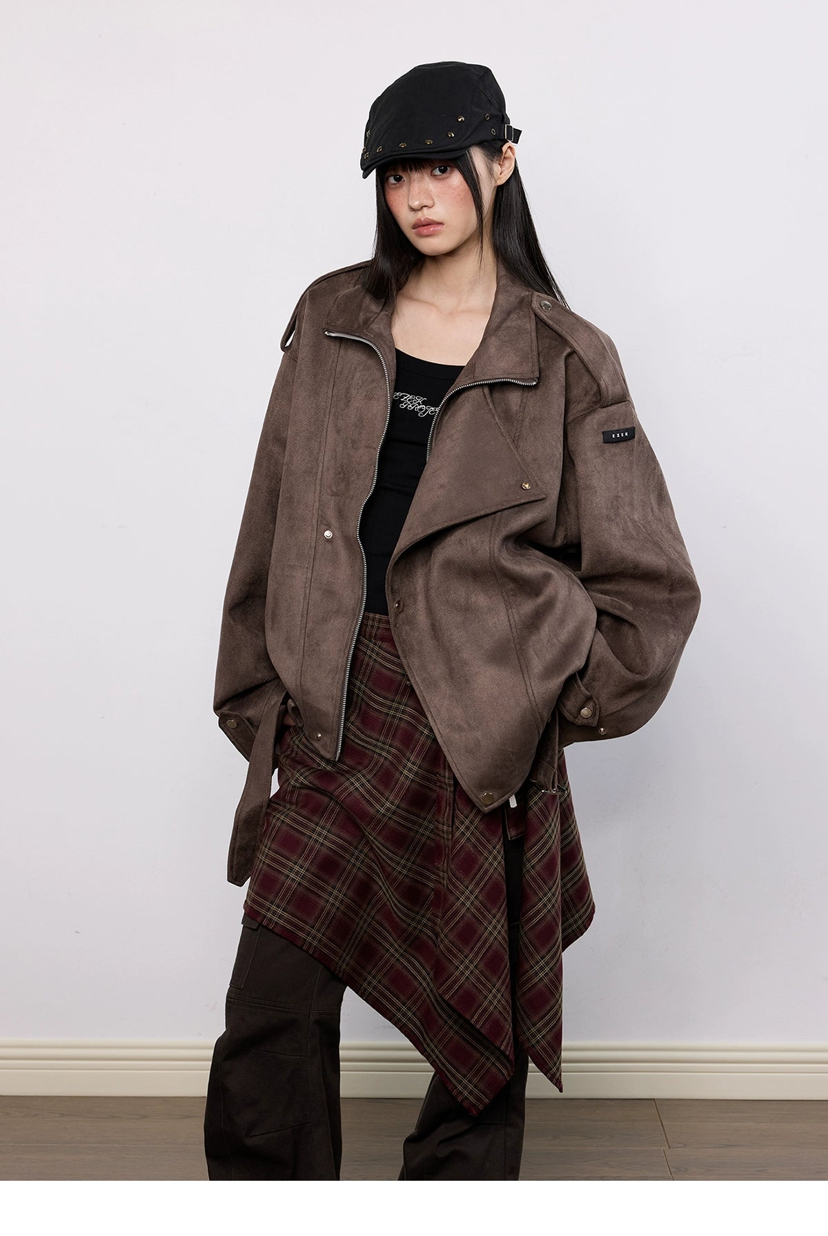 Oversized Faux Suede Brown Moto Jacket