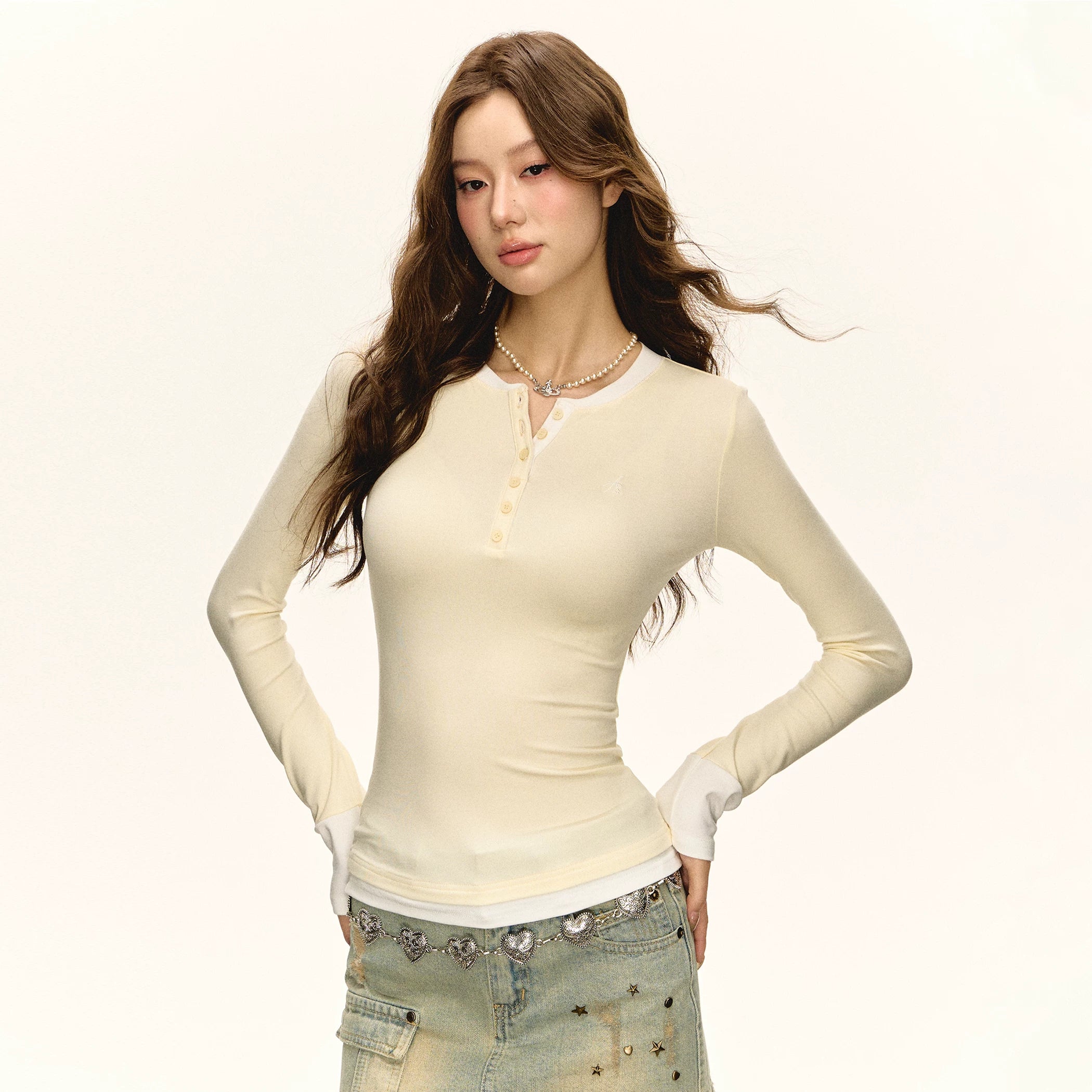 Contrast Trim Henley Long-Sleeve Top