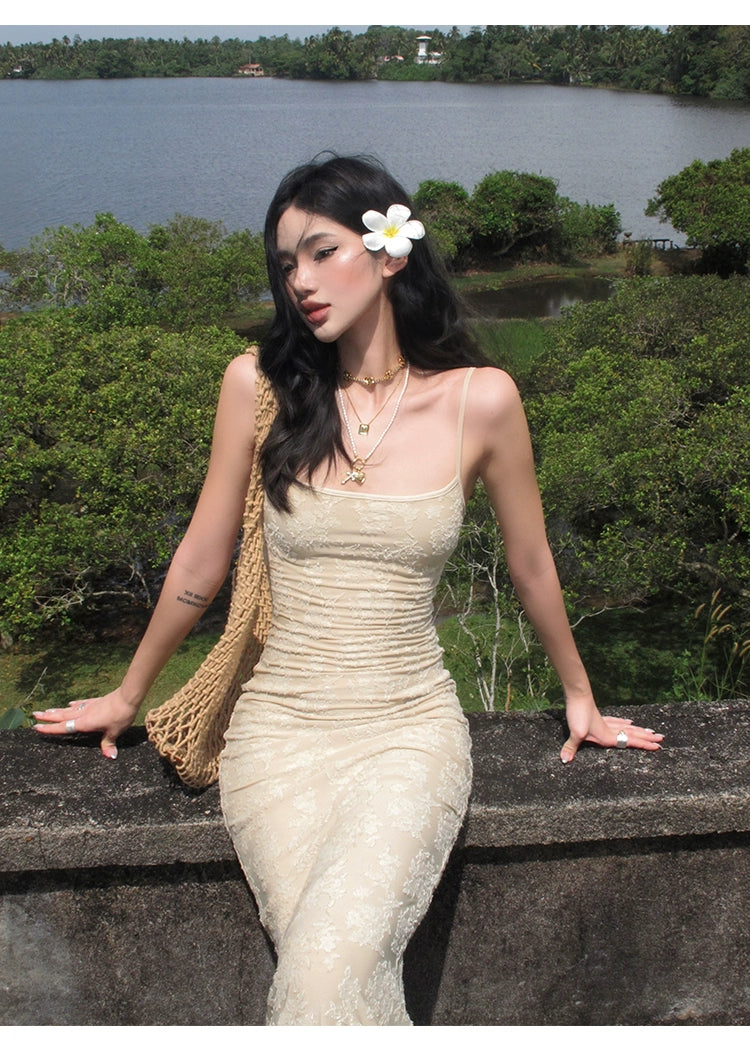 Beige Lace Mermaid Maxi Dress