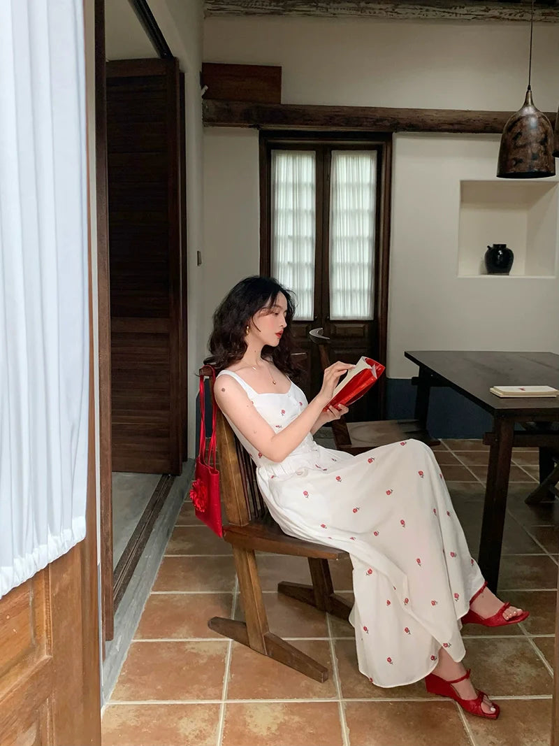 Red Rose Embroidered Maxi Dress