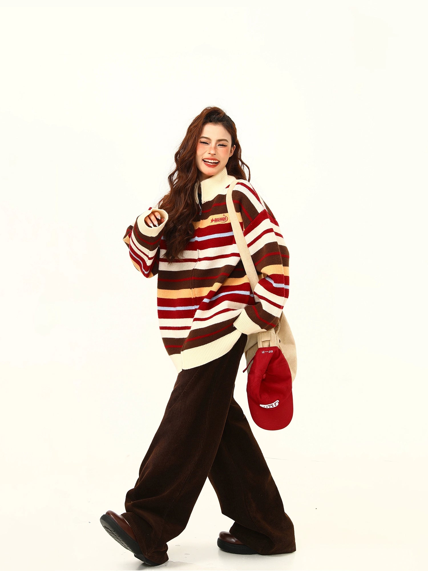 Striped Oversized Knit Zip-Up Sweater