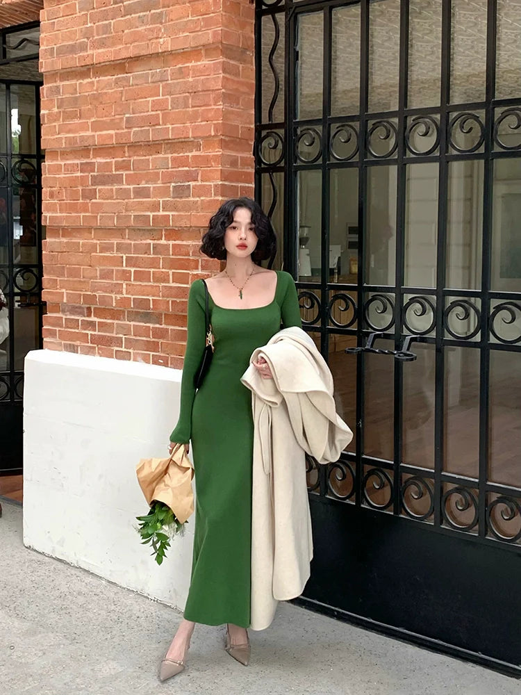 U-Neck Long Sleeve Ribbed Knit Maxi Dress