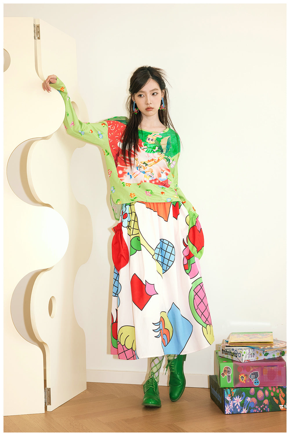 Green Strawberry Print Long Sleeve Top