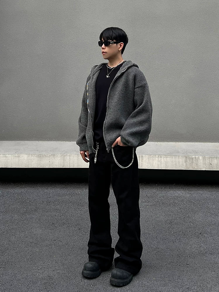 Charcoal Rib-Knit Zip Hoodie
