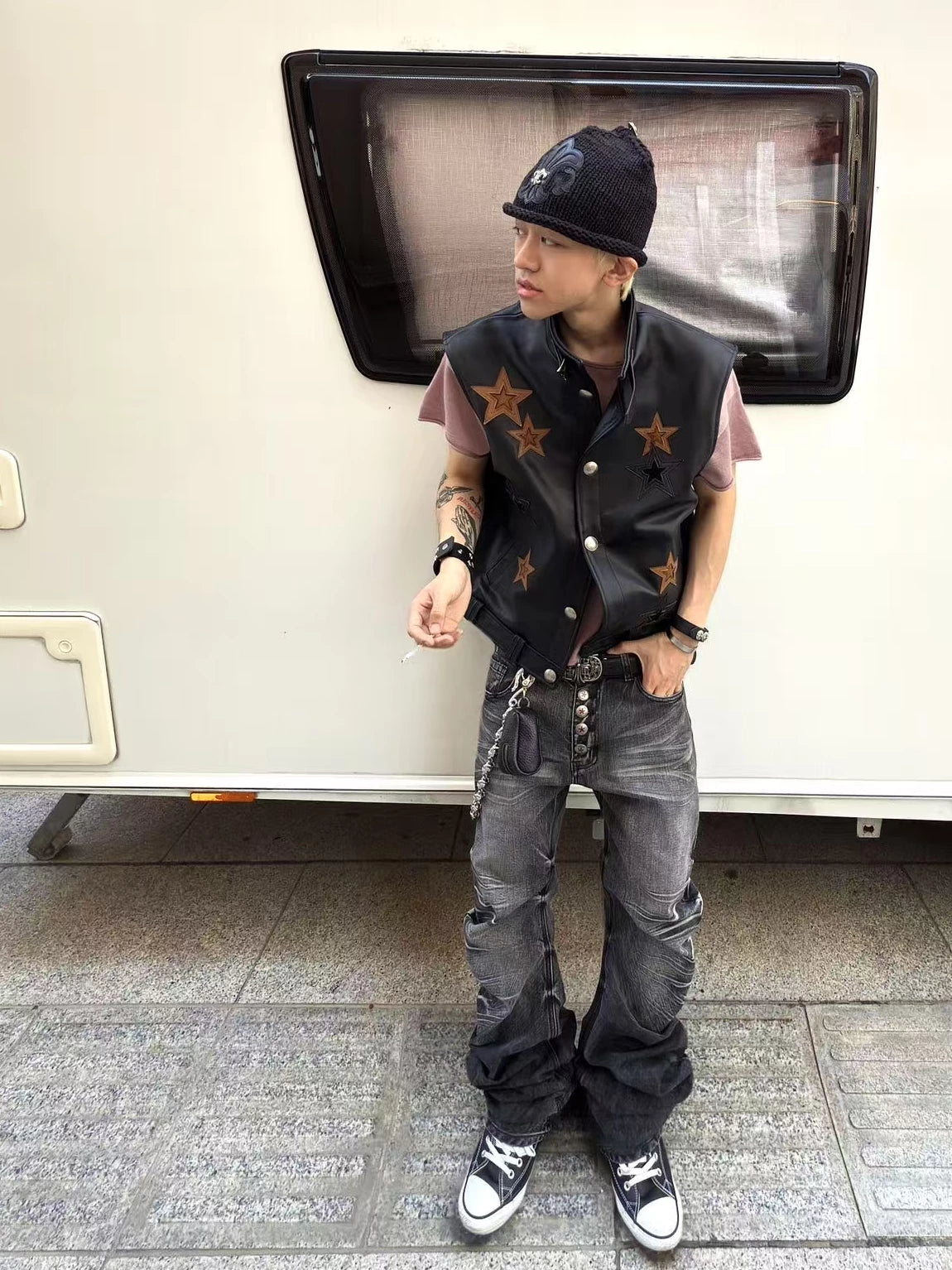 Rippled Scimitar Cracked-Wash Denim Pants