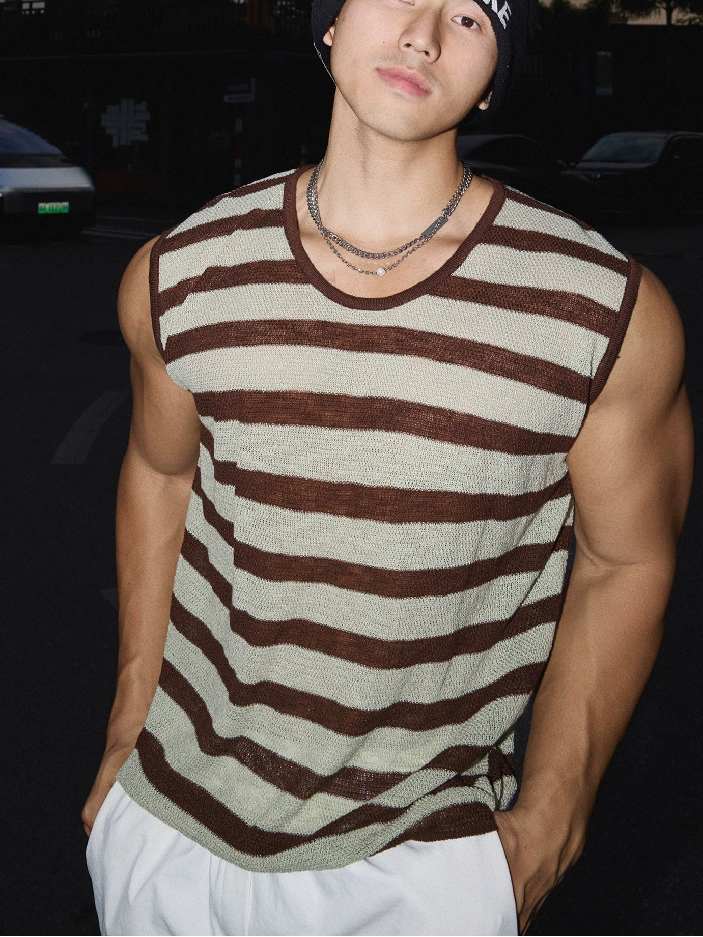 Cocoa Crest Open‑Knit Stripe Tank