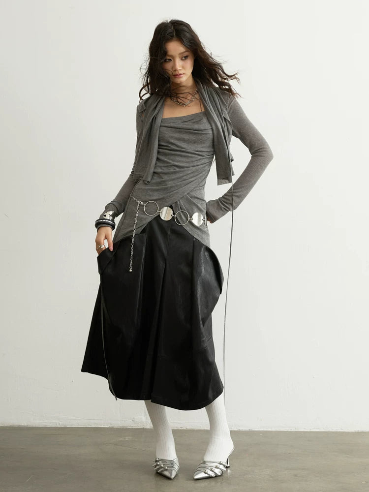 Charcoal Draped Asymmetric Layered Top