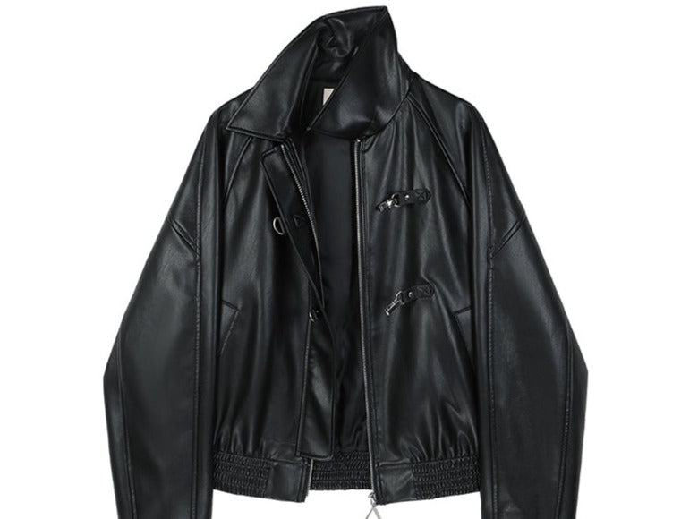 Leder umschaltet Zip Jacke schwarz