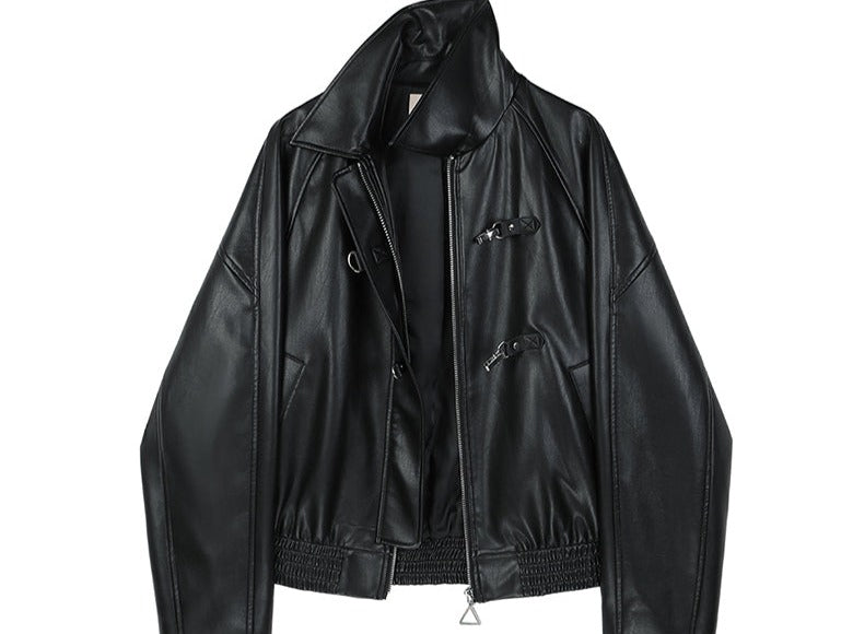 Leder umschaltet Zip Jacke schwarz