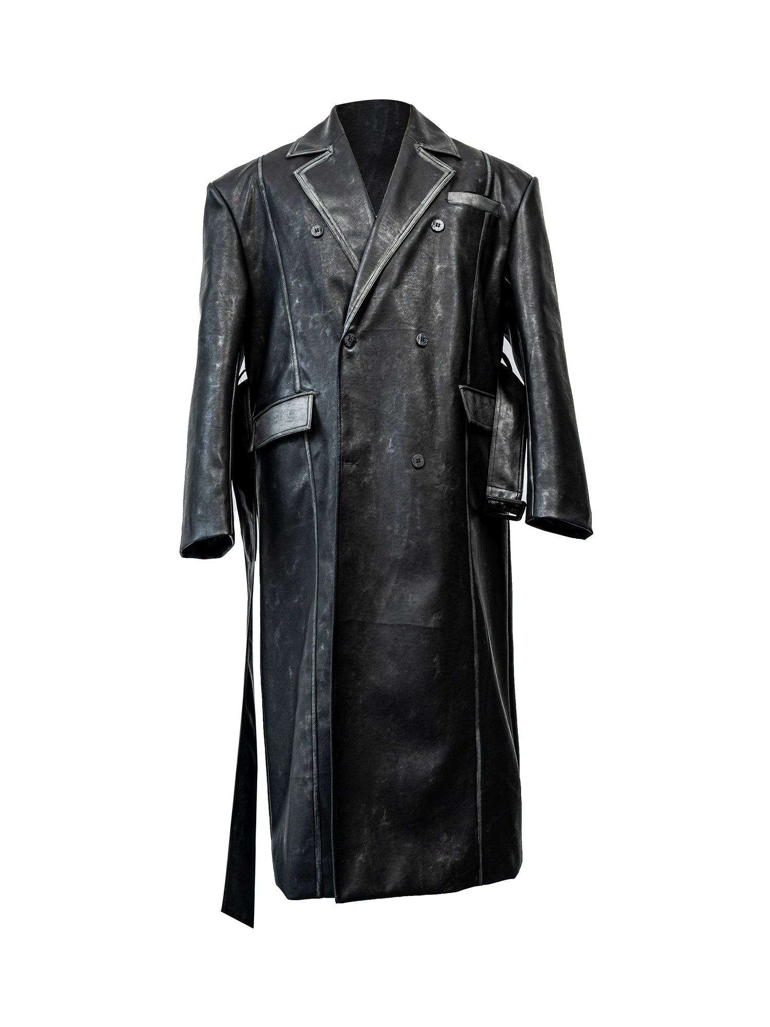 Long Belted Black Faux Leather Trench