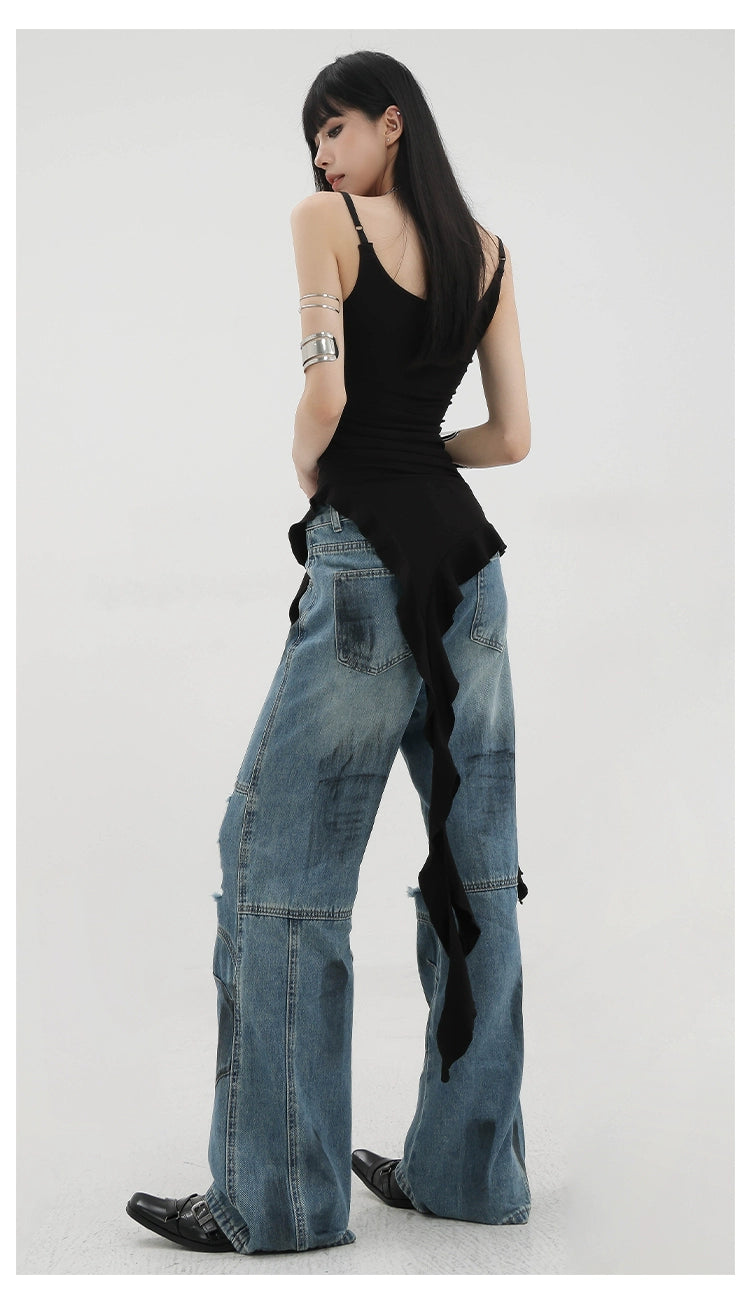 Black Asymmetric Ribbon Strap Tank Top With Ruffle Edge Design - chiclara