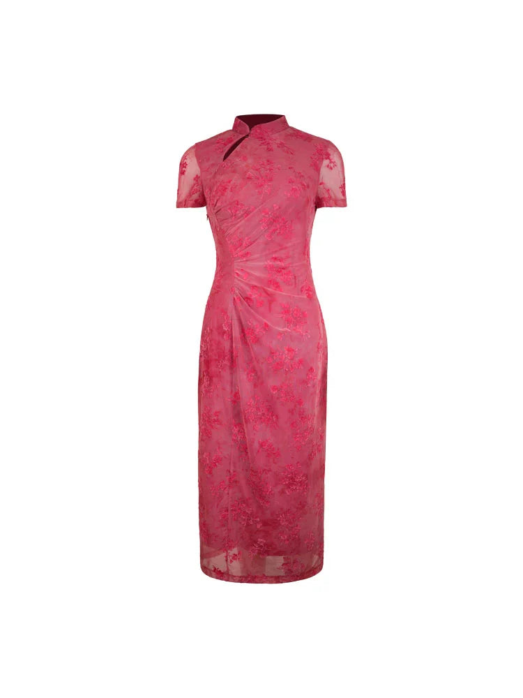 Sheer Floral Cheongsam-Inspired Maxi Dress