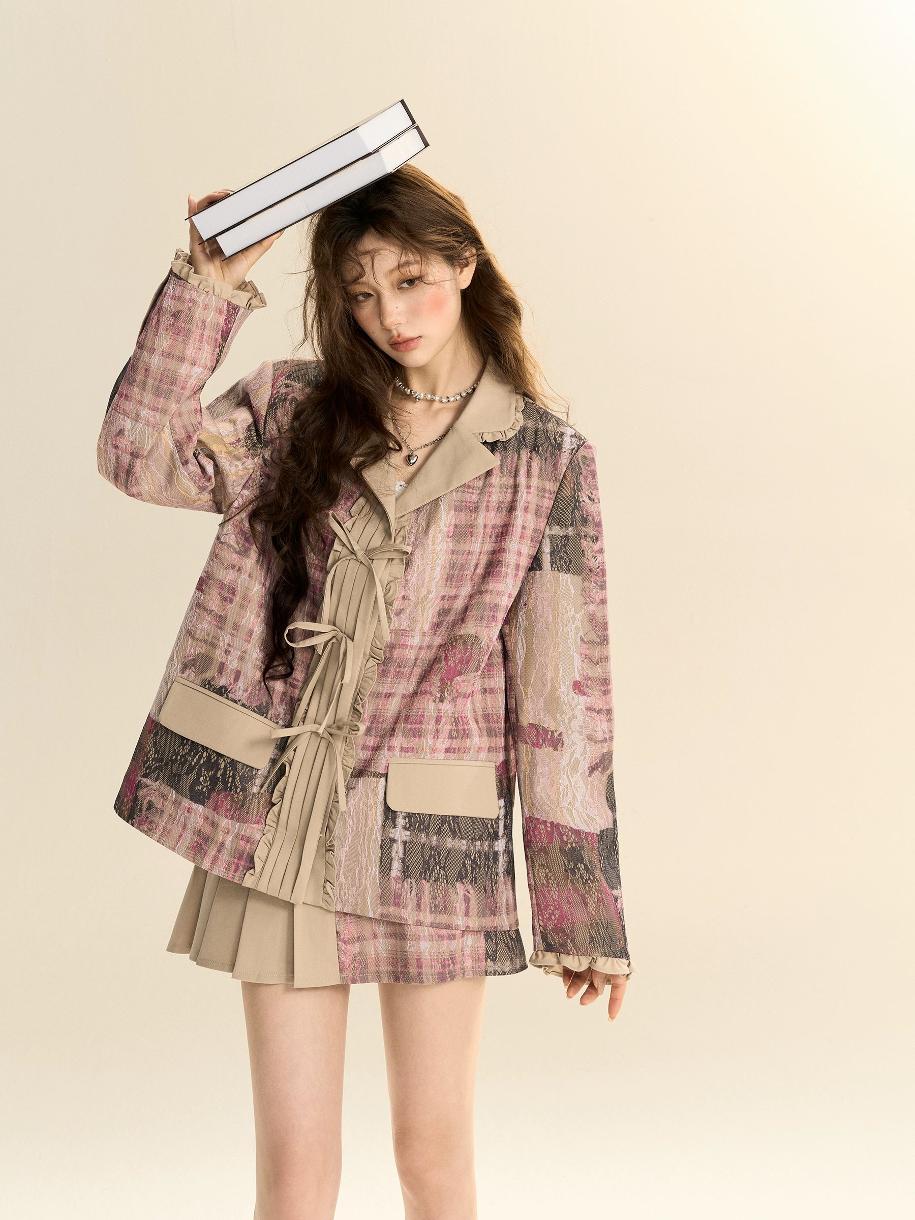 Pink Plaid Textured Blazer with Pleated Details and Beige Accents