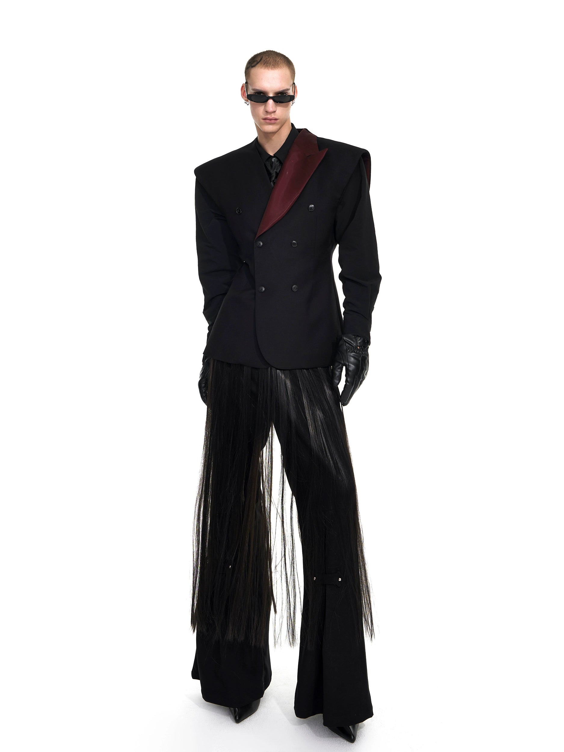 Double-Breasted Black Blazer with Asymmetrical Burgundy Lapel