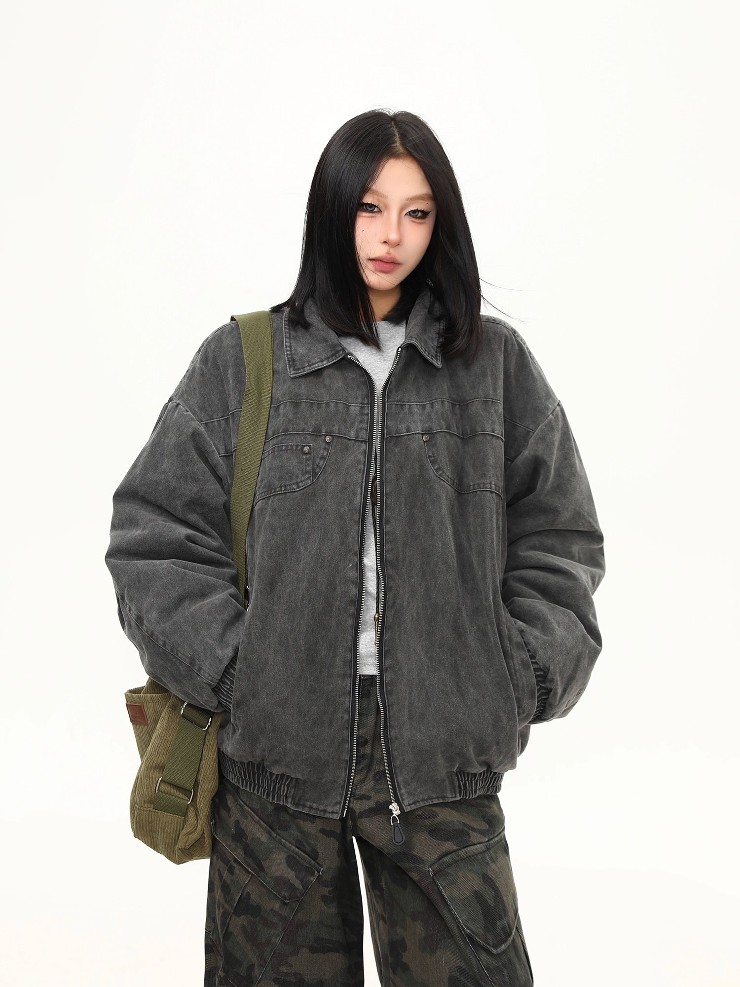 Charcoal Fade Utility Denim Bomber Jacket