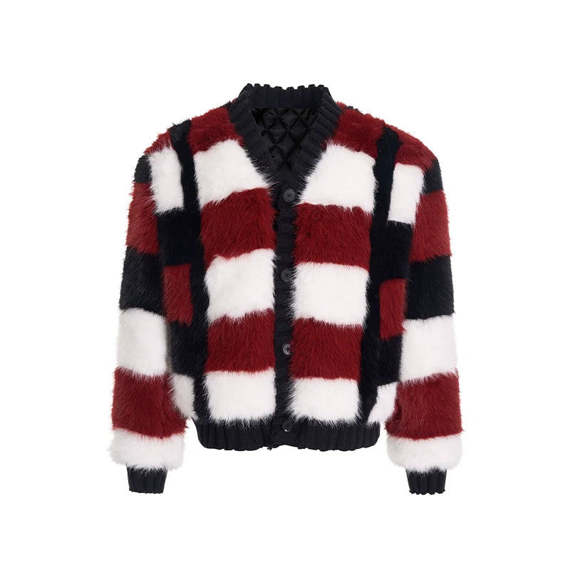 Tricolor Plaid Faux Fur Cardigan