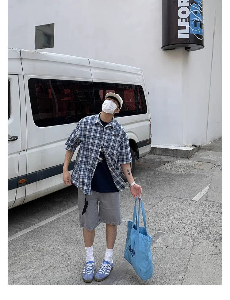 Oversized Blue and White Plaid Short Sleeve Shirt