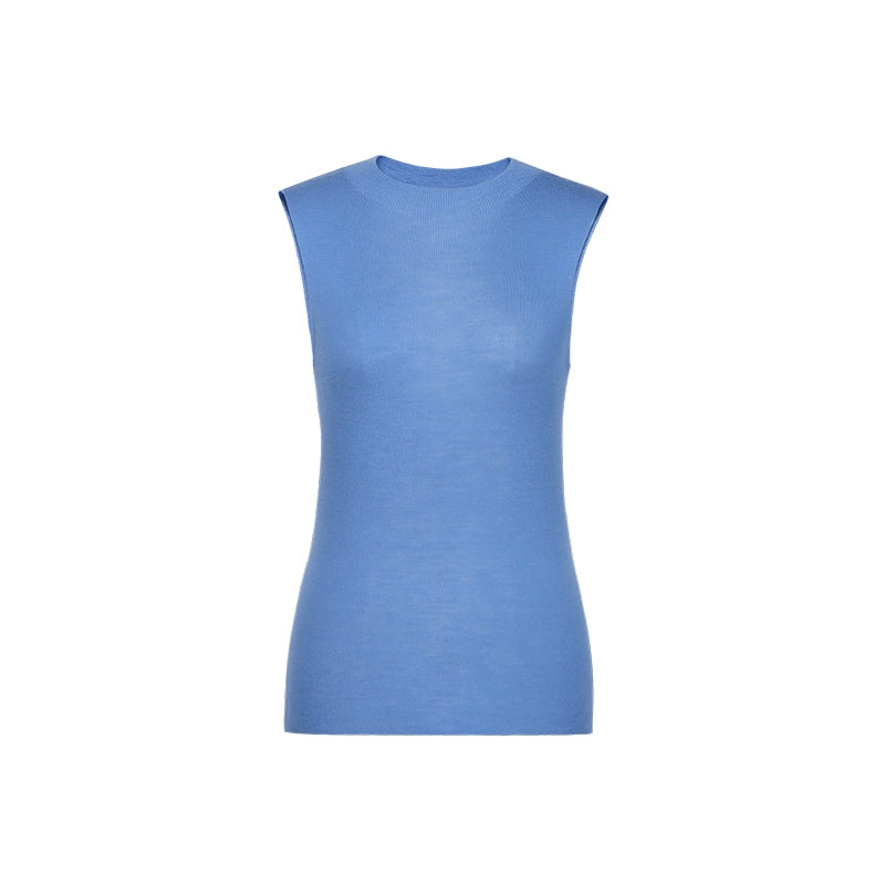 French Semi-High Neck Wool Knit Seamless Blue Tank Top - chiclara