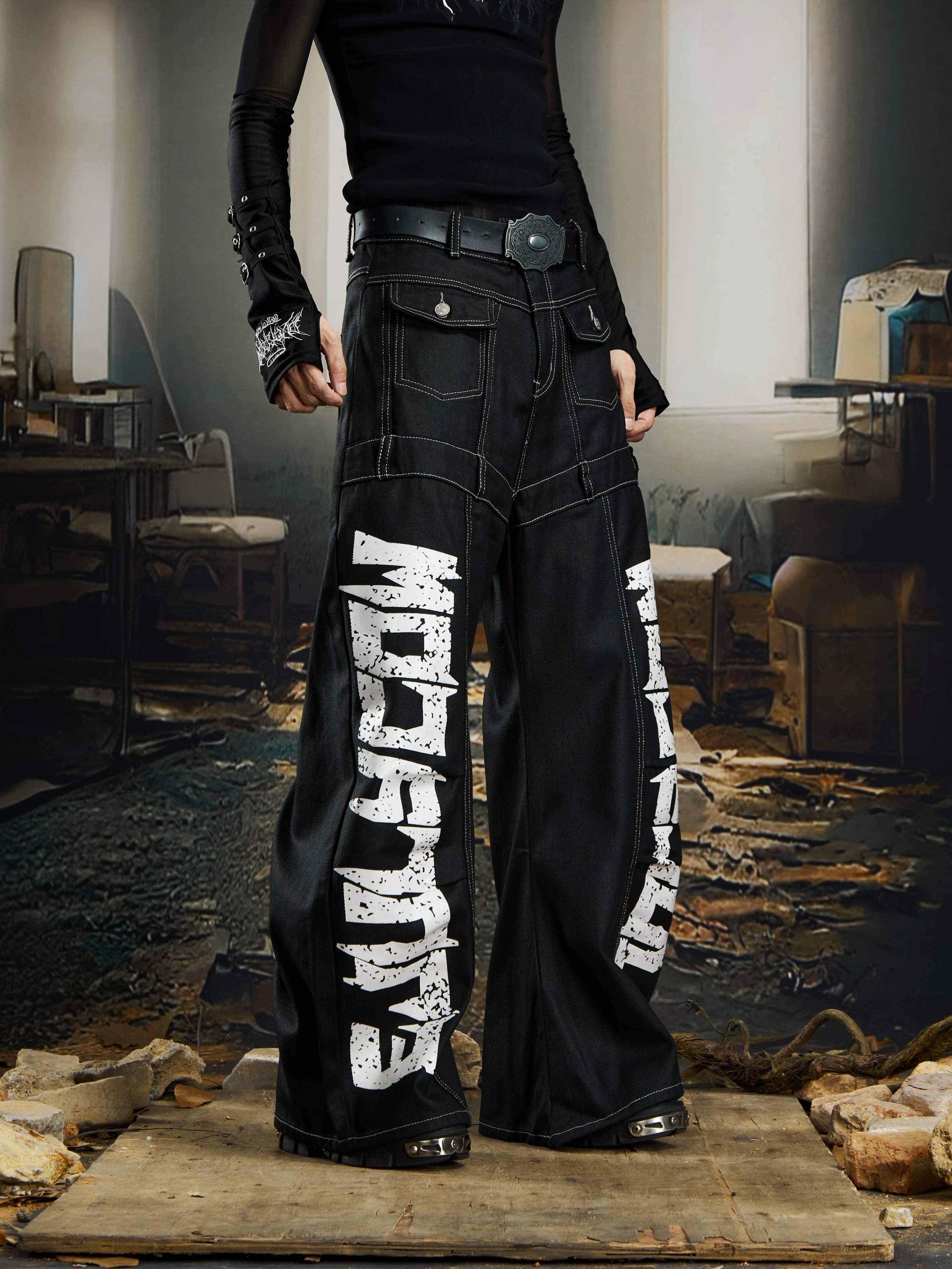 Wreckline Script Wide‑Leg Denim Pants