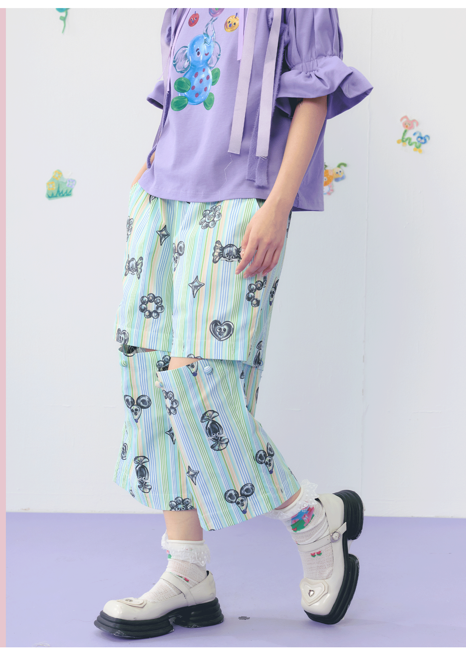 Pastel Striped Double Layer Wide Pants