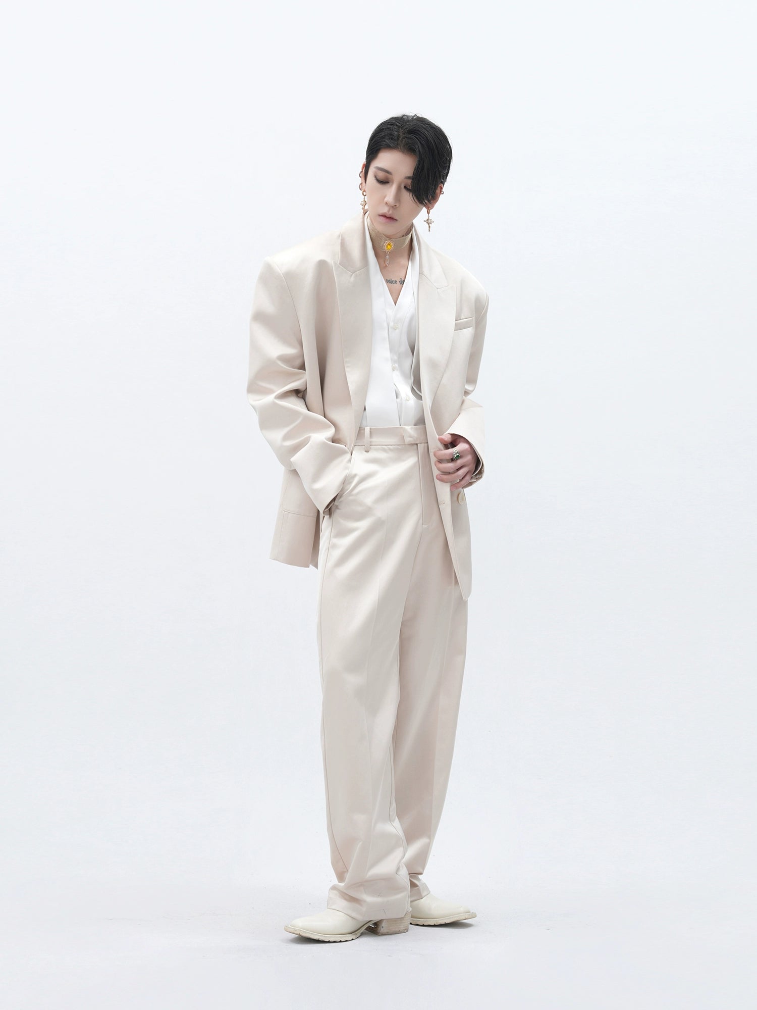 Cream Double-Breasted Oversized Blazer