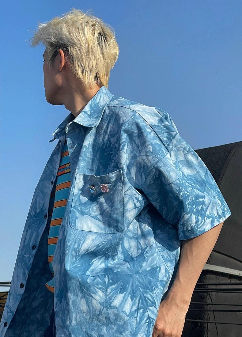 블루 타이 다이 반팔 버튼업 셔츠